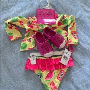 Betsey Johnson Colorful Fruit Print Swimsuit Set with Shoes SZ 18M
